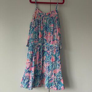 Lilly Pulitzer Girls Dorita Dress Printed Smocked Ruffle Cotton L-10 YRS